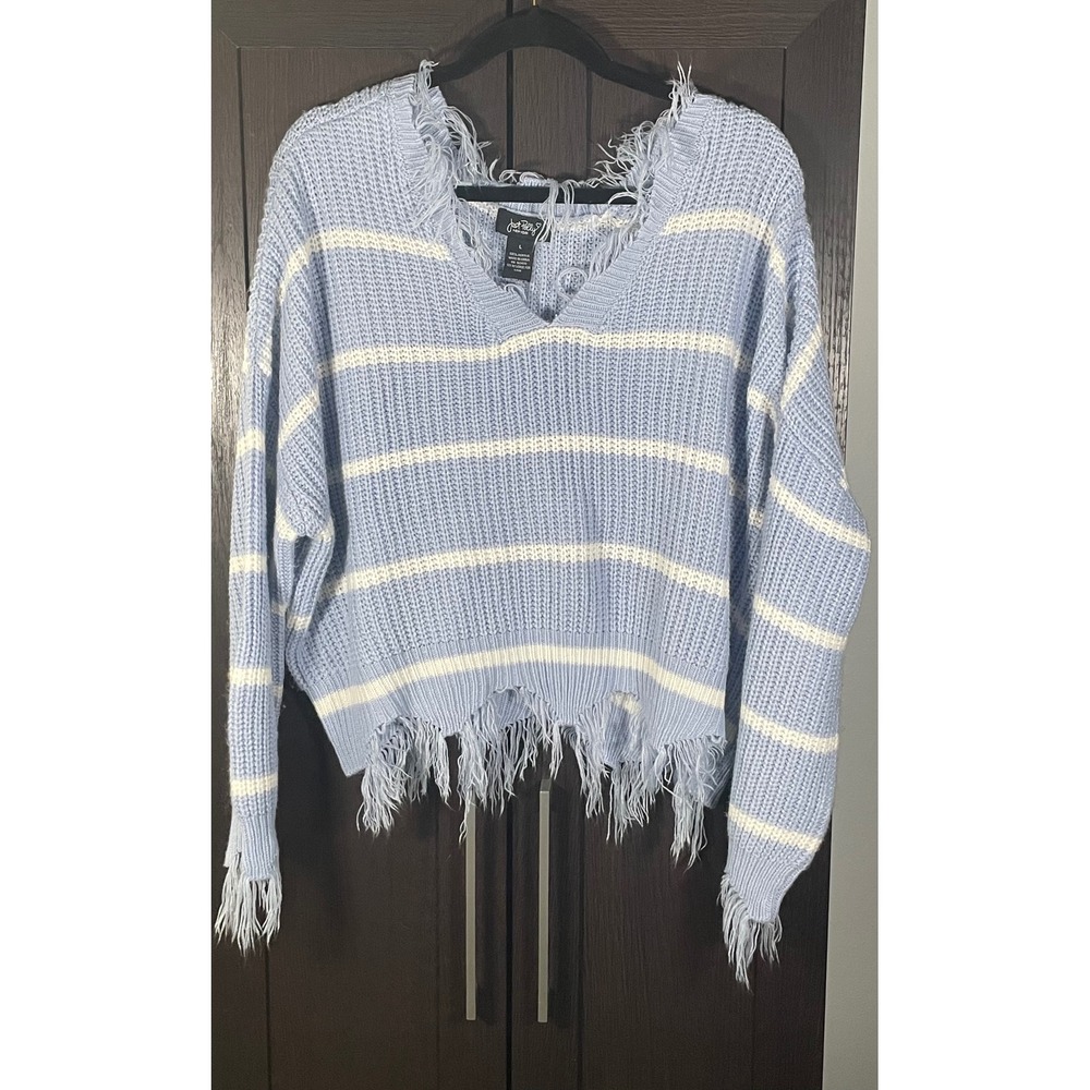 Just Polly New York Distressed Striped V-Neck Frayed Hem Sweater Blue White L
